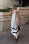 Beige V-Neck Strappy Double Striped Flared Women's Linen Dress - 6