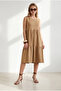 Women's Camel Crew Neck Segmented Sleeveless Cotton Dress Elb-19002665 - 2