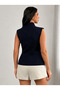 Women's Navy Blue Gold Buttoned Double Breasted Vest Blouse - 3