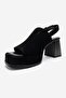 Penvia Black Suede Genuine Leather Women's Thick Heeled Sandals - 6