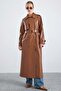 Long Leather Trench Coat with Epaulet and Cape Detail, Snap Closure Taba 6877 - 2