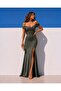 Khaki Glittery Boat Neck Slit Fish Model Evening Dress 582013 - 3