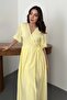 Women's Yellow Double-Breasted Collar Belted Balloon Sleeve Slit Muslin Maxi Dress - 3