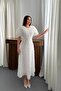 Women's White Midi Rose Appliqué Balloon Sleeve Round Neck Lined Event Dress - 2