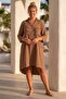 Camel V-Neck 3/4 Sleeve Buttoned Susene Embroidered Casual Muslin Long Back Oversize Woven Dress 110 65 - 3