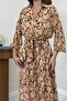 Women's Beige Floral Patterned Chiffon Belted Shirt Collar Midi Dress - 5