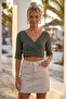 Khaki Double-Breasted Collar 3/4 Sleeve Tie-Up Casual Muslin Crop Fit Woven Blouse 40 60 - 5