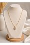 Women's Gold Color Zircon Stone Drop Figured Bead Chain Steel Necklace - 2
