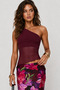 One-Shoulder Tulle Detailed Stretch Fabric Burgundy Blouse