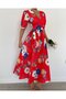 Women's Short Sleeve Double Breasted Collared Side Tie Patterned Long Single Jersey Dress - 3