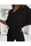 Women's Black Short-Sleeved Belted Button Detailed Top and Carrot Pants Two-Piece Set - 3