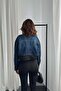 Women's Black Jacket with Denim Trim and Snap Buttons, Crop Shirt with Collar and Long Sleeves - 5
