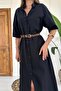 Women's Black Linen Shirt Collar Buttoned Short Sleeve Midi Plain Woven Dress - 4