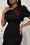 Women's short sleeve mandarin collar floral accessory detailed short imported crepe dress - 2