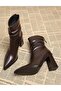 Women's Brown Leather Boots Pointed Toe Bellows Thick Heeled Zippered Stylish Heeled Boots Heel Height 7,50cm