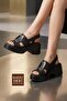Black Genuine Leather Sandals Wedge Heels Daily Comfortable Shoes Tora