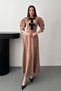 Women's Camel Long Dress with Bow Detail, Front Cutout, Balloon Sleeves, Flared Evening Dress
