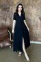 Women's Black Double Breasted Collar Belted Slit Short Sleeve Muslin Maxi Dress