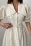 Women's Ecru Maxi Embroidered Baby Collar Balloon Sleeve Belted Cotton Dress - 4