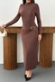 Women's Brown Dress with Buckle and Drawstring Detail, Half Turtleneck, Long Sleeve, Tight Maxi - 5