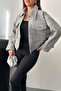 Women's Gray Cashmere Jacket with Zipper Closure, Flap Pockets, Shirt Collar, Cropped Cut - 3
