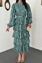 Women's Mint Long Dress with High Collar, Buttoned Belt, Flounces and Floral Texture - 4