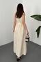 Women's Ecru Embroidered Square Collar Thick Strap Lined Waist-Fitting Maxi Dress - 5