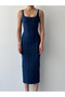 Women's Dark Blue Midi Dress Strappy Square Neck Contrast Stitching Slim Fit Midi Denim Dress - 2