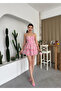 Women's Rose Pattern Pink Mini Dress Thin Straps Rose Pattern Layered Skirt Poplin Evening Dress - 4