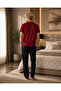 Men's Burgundy Buttoned Collar Cotton Long Trousers Pajama Set Black Bottom Comfortable Home Wear - 3