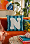 Punch Embroidered Throw Pillow Cover - 43*43 cm - Blue Letter N - Pnk001