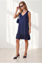 Women's Plain Navy Blue V-Neck Skirt Ruffled Knitted Viscose Dress Elb-19002688 - 4