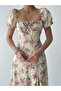 Women's Beige Midi Dress Square Collar Balloon Sleeves Floral Patterned Slit Poplin - 6