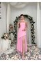 Women's Pink Shawl Detailed Strapless Asymmetrical Hem Chiffon Atlas Midi Dress - 4