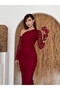 Women's Burgundy One-Shoulder Lace Long Sleeve Fitted Midi Dress - 7