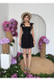 Women's Black Mini Dress with Shoulder Tie Detail, Square Collar, Gathered Poplin - 6