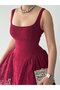 Women's Burgundy Lace Mini Dress with Square Collar, Straps, Waist Fit, and Flared Skirt - 3