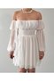 Women's White Mini Dress Chiffon Boat Neck Balloon Sleeves Gathered Flounces - 2