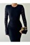 Women's Black Midi Dress Lace Textured Crew Neck Long Sleeve Gathered - 7
