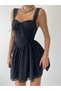 Women's Black Mini Dress with Strappy Bodice Detail and Lace Trim - 5