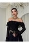 Women's Black Midi Dress Strapless Collar Flounce Chiffon Sleeves Lace Detail