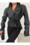 Women's Black Faux Leather Belted Blazer Jacket Double-Breasted Collar Leather Jacket - 4