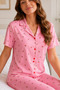 Pink Cherry Patterned Short Sleeve Shirt Collar Milan Fabric Women's Pajama Set - 2