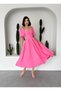 Women's Pink Midi Dress Square Neck Balloon Sleeves Pleated A-Line Woven - 6