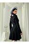 Women's Black Mini Dress Lace Collar Pearl Buttoned Long Sleeve Flared Atlas - 5