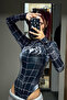 Spider Black Finger-Loop Detailed Digital Printed High Neck Long Sleeve Snap Fastener Bodysuit - 5