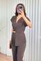 Women's Brown Bottom-Top Set Pleated Gold Brooch Detailed V-Neck Short Sleeve Wide Leg Modal Set - 2