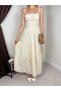 Women's Beige Strappy Square Neck Floral Embroidered Layered Maxi Dress - 4