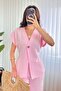 Women's Pink Bottom-Top Set Linen Double Set Single Button V-Neck Lace-Up Wide Leg - 3
