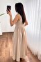 Women's Beige Thick Strap Square Neck Button Detailed Gathered Long Dress - 4